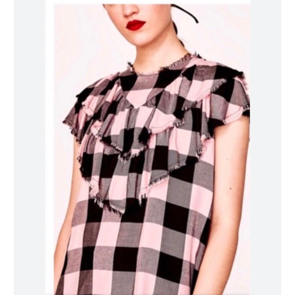 Zara Ruffle Top Women‎ XS Pink Black Buffalo Plaid Frayed Gingham Punk Grunge